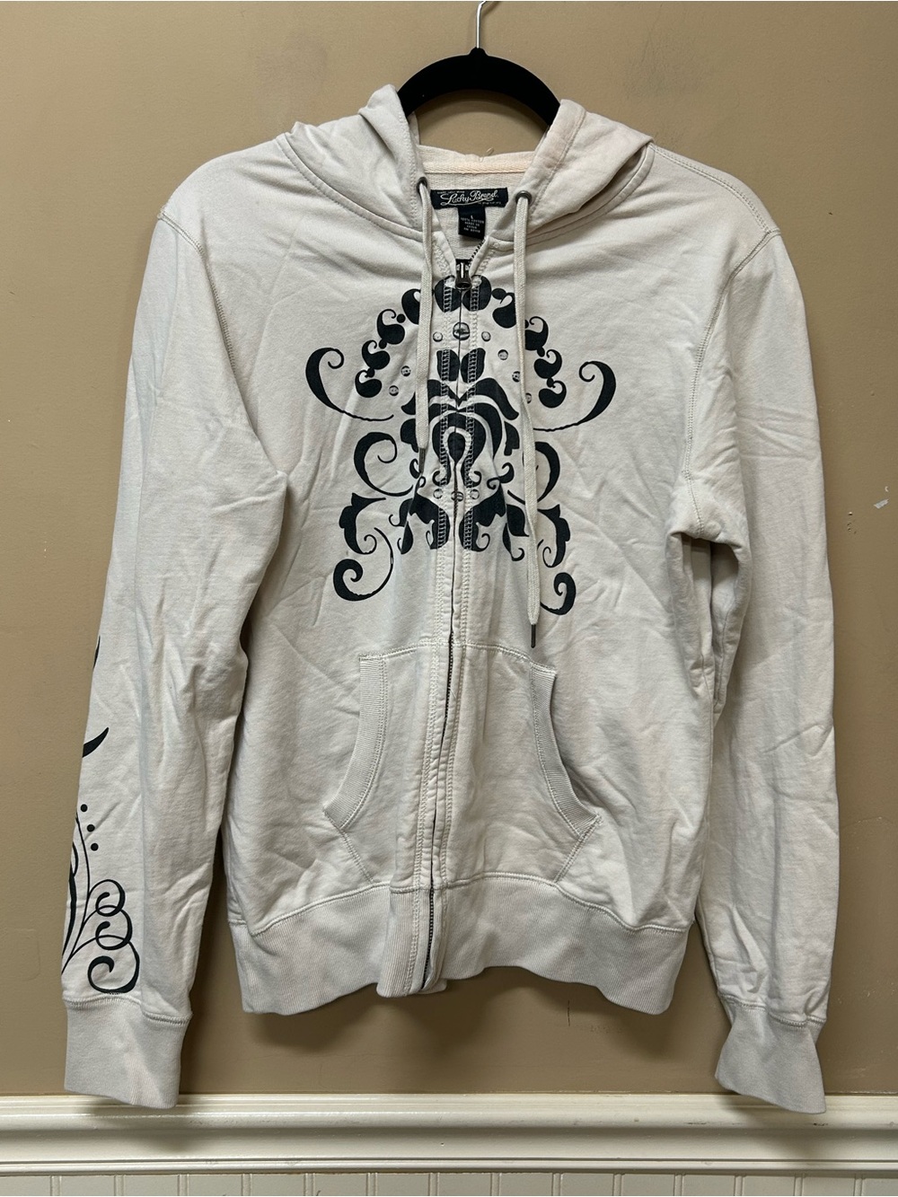 Damaged VTG Y2K Lucky Brand Cream Black Print Zip Hoodie Size L